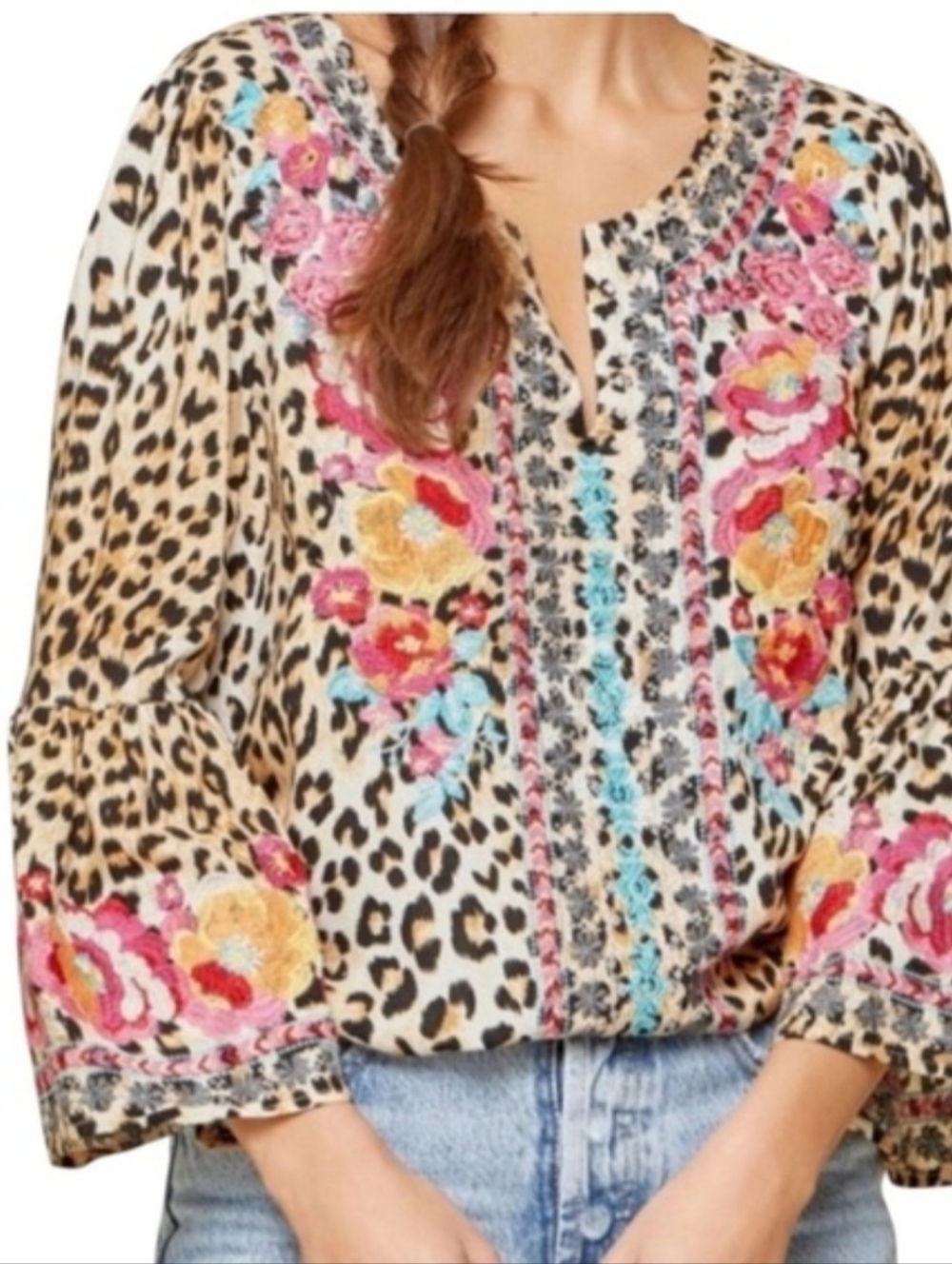 Savanna Jane Leopard Print Floral Embroidered Boho Bell Sleeve Top 1x